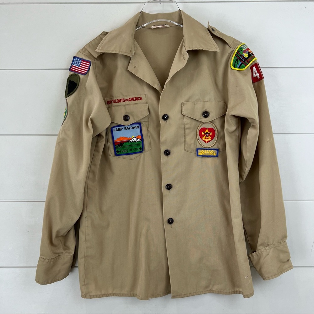 VTG BOY SCOUTS‎ OF AMERICA Button Up Shirt Patches Size Youth 16